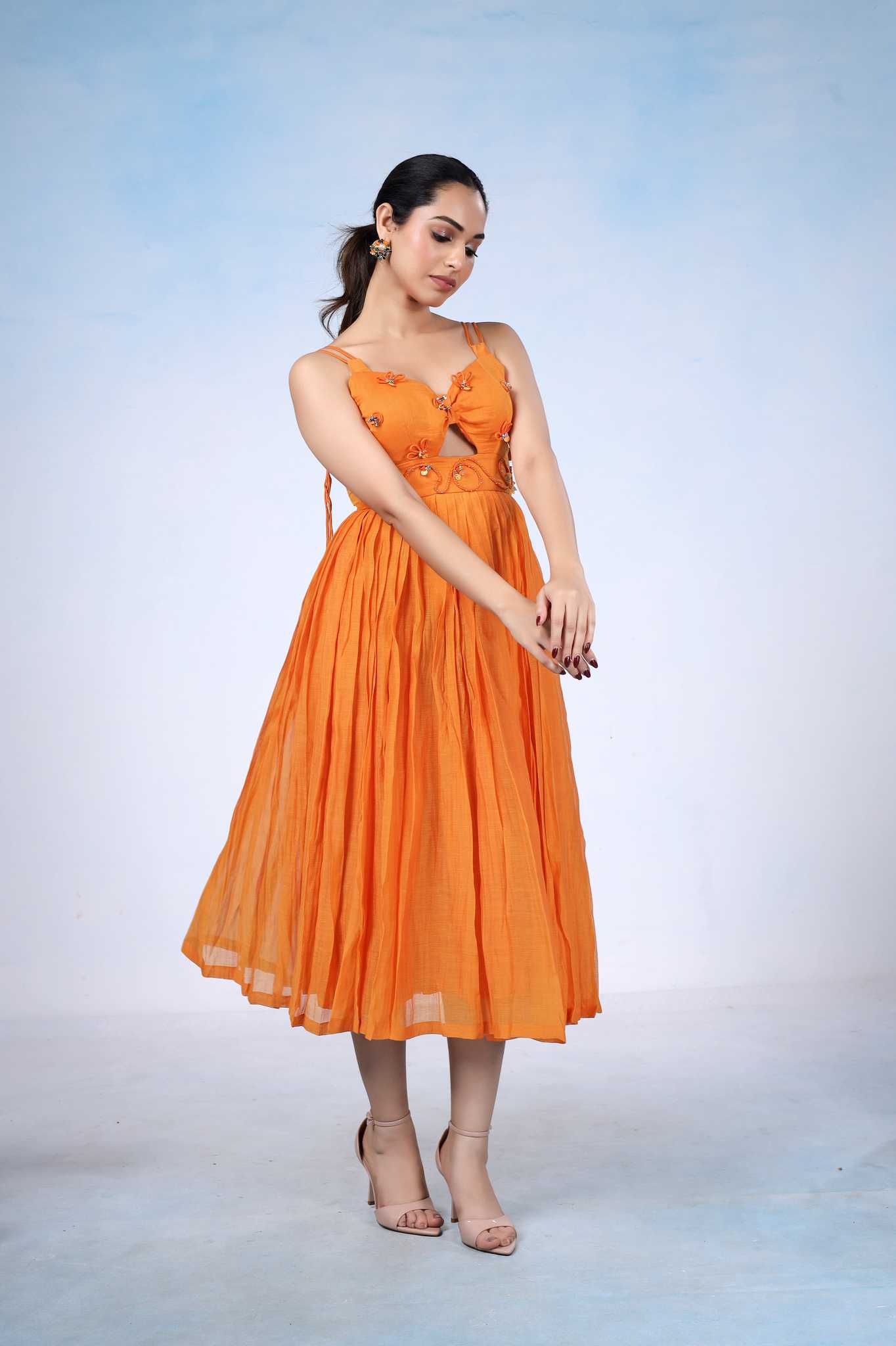 Sunset Orange Pleated Midi Dress