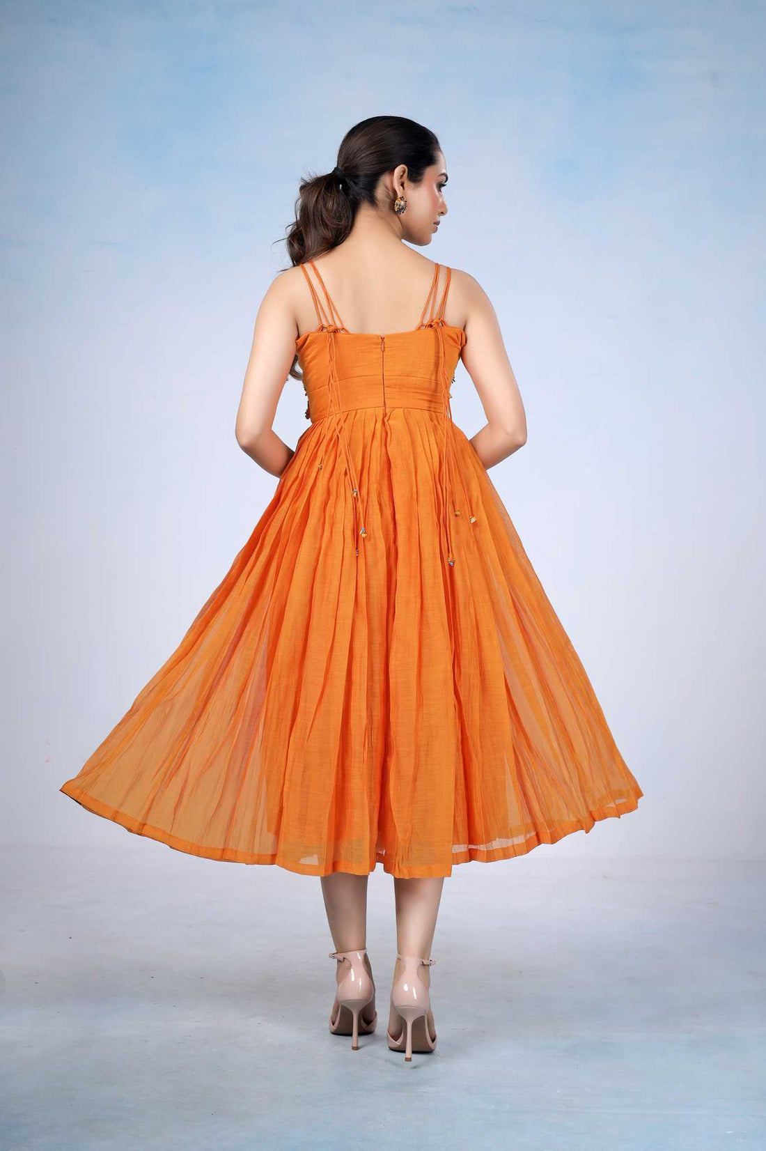 Sunset Orange Pleated Midi Dress