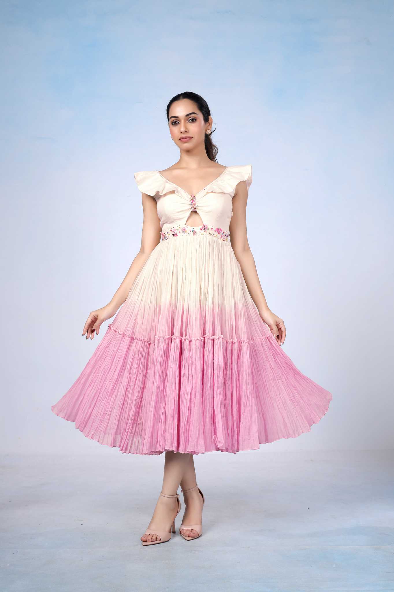 Pink Ombre Ruffle Sleeve Midi Dress