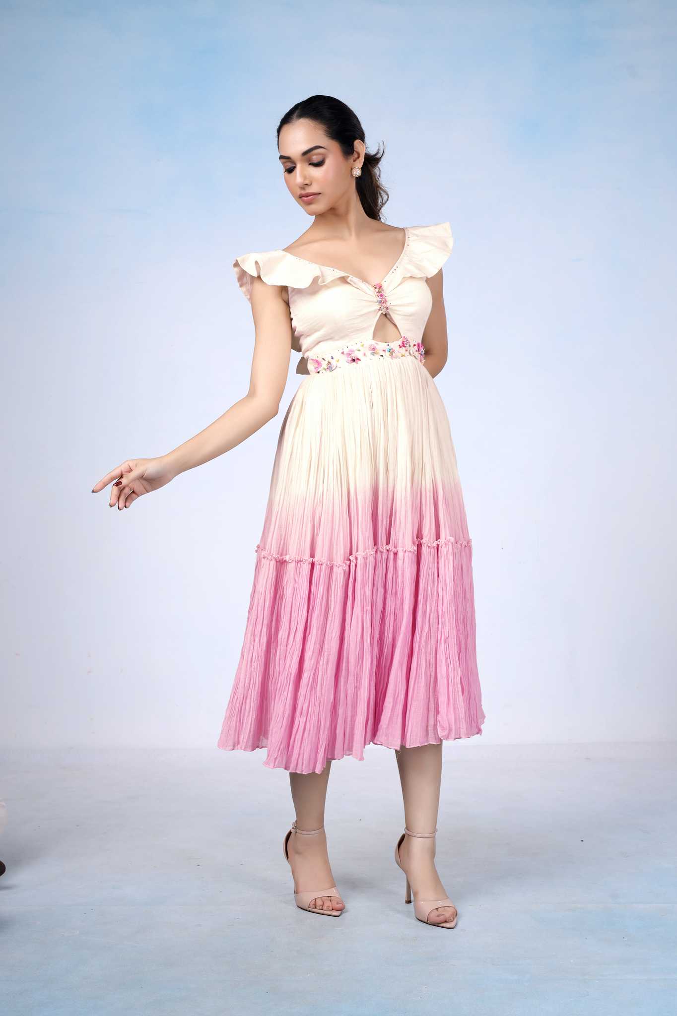 Pink Ombre Ruffle Sleeve Midi Dress