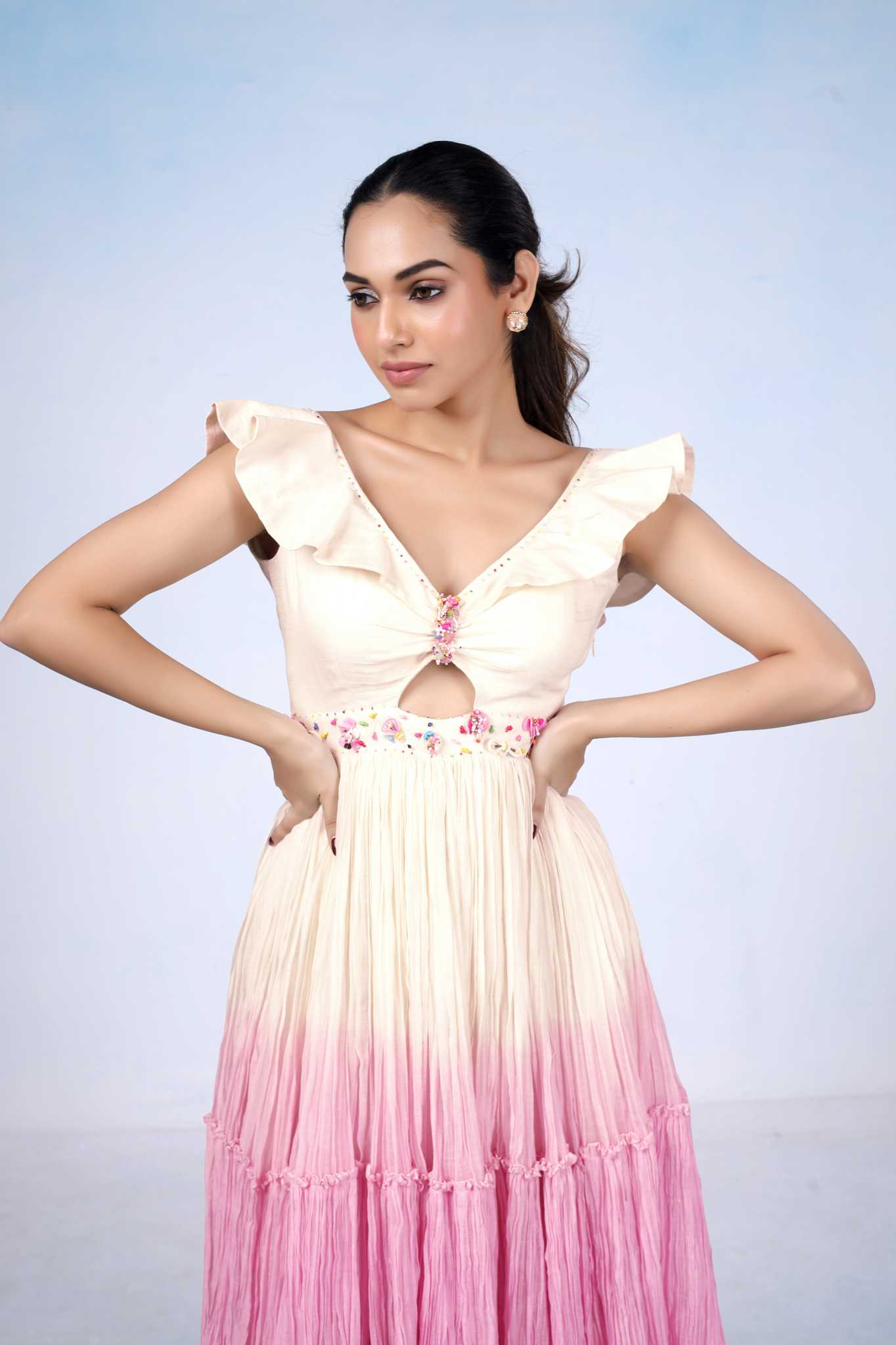 Pink Ombre Ruffle Sleeve Midi Dress