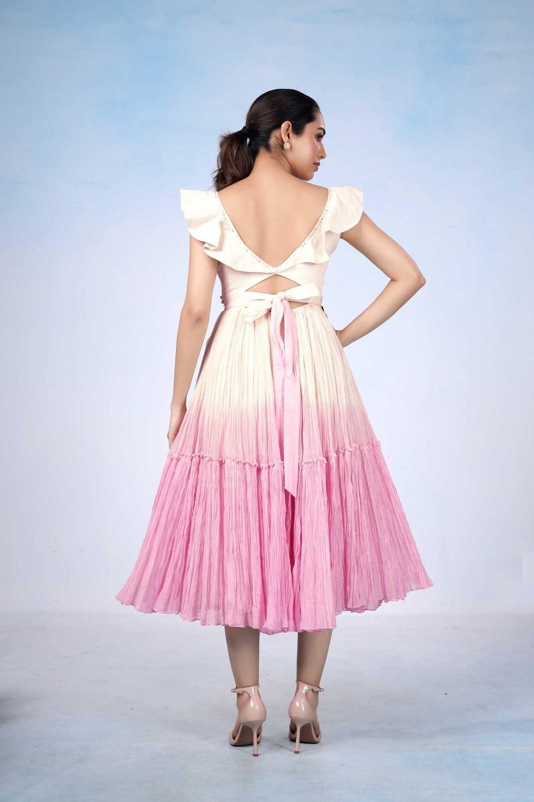 Pink Ombre Ruffle Sleeve Midi Dress