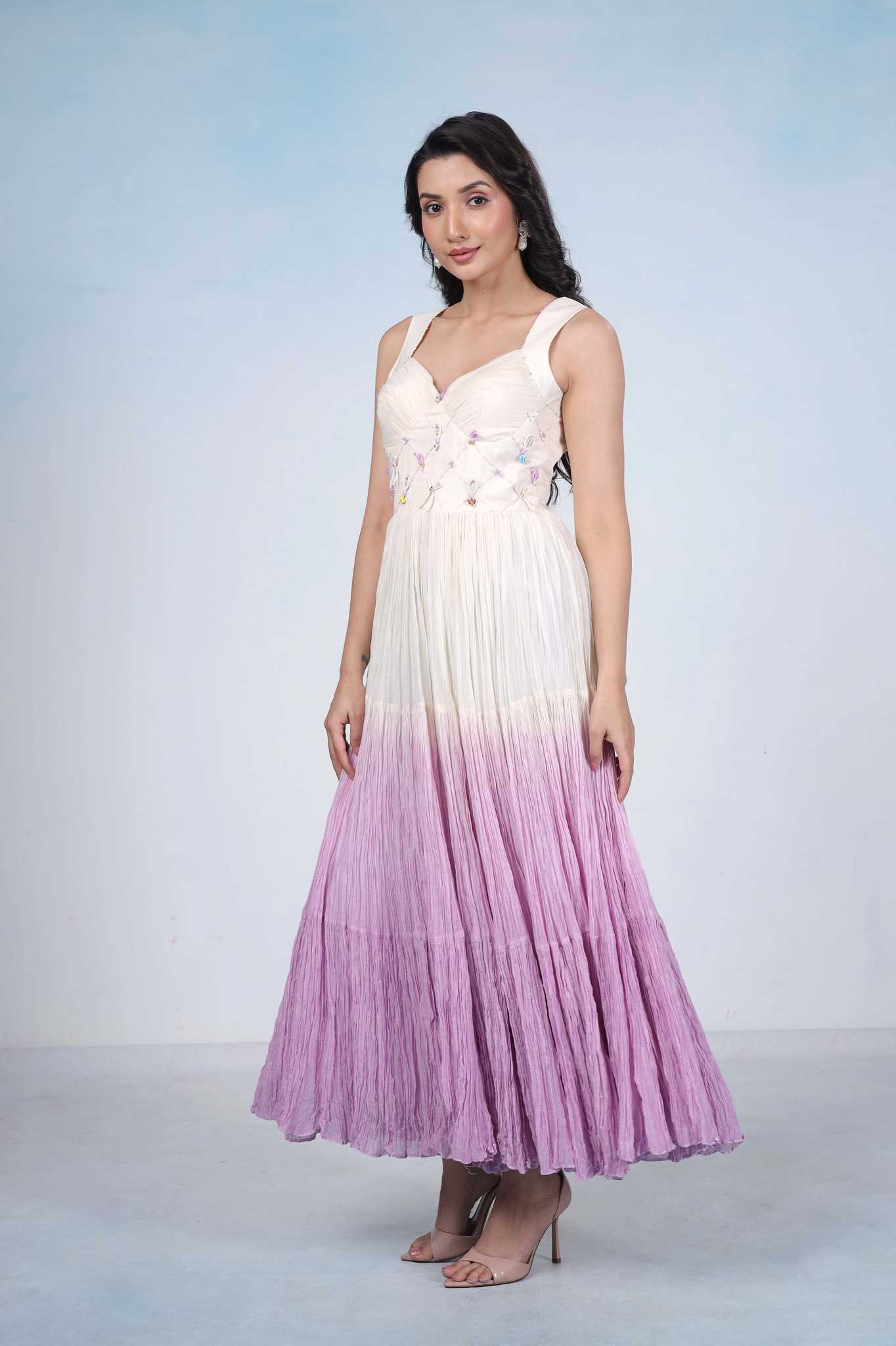 White to Lilac Flowy Dress