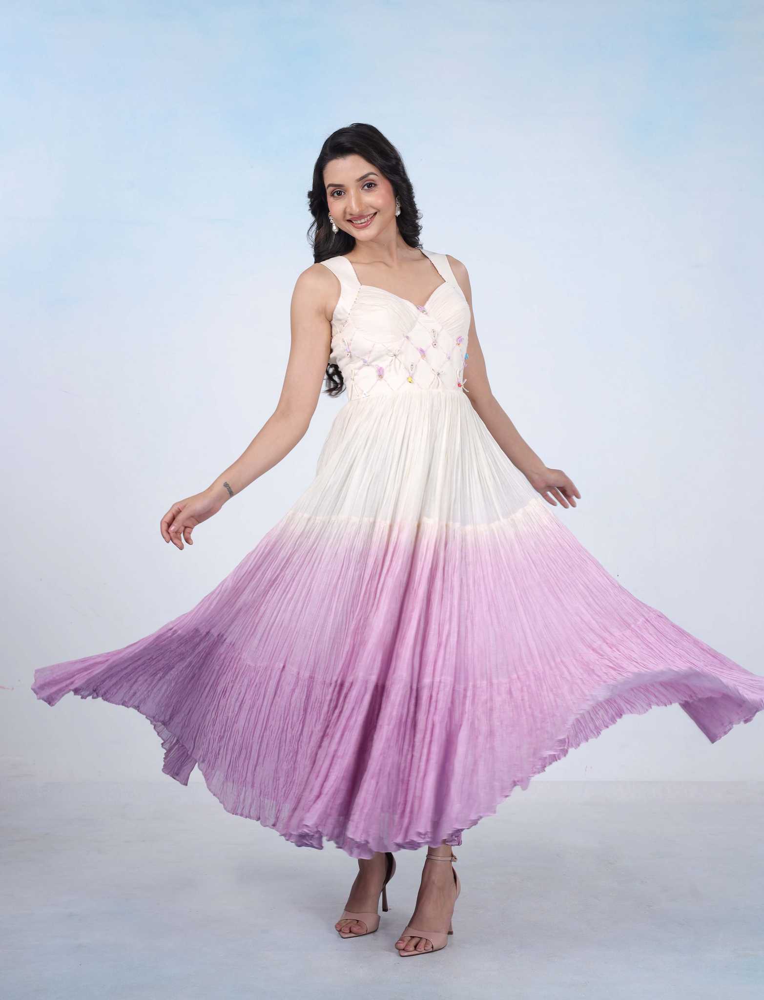 White to Lilac Flowy Dress
