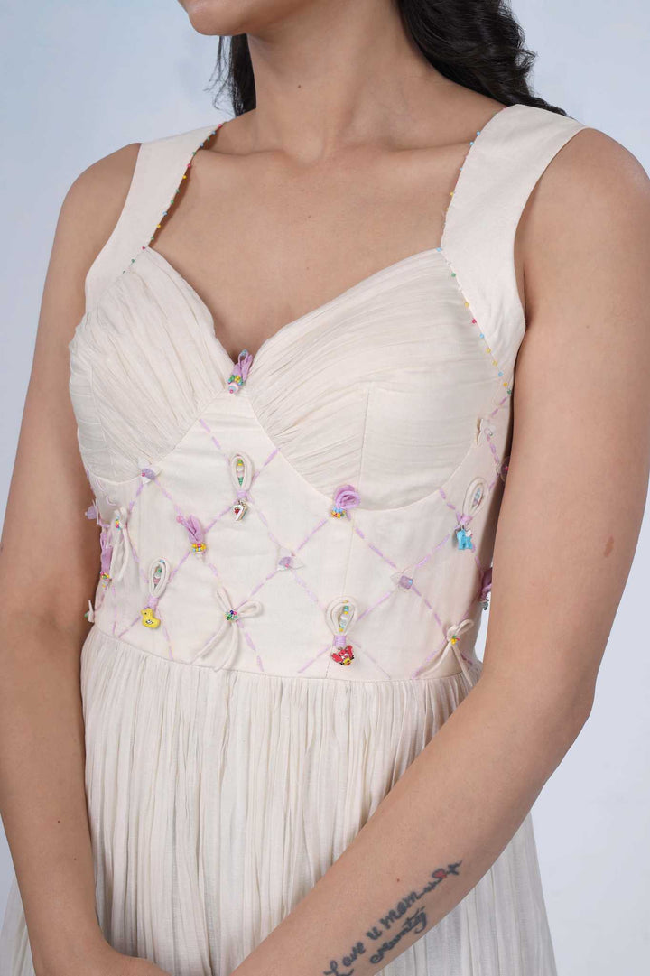 Ivory Embellished Pleated Maxi Dress