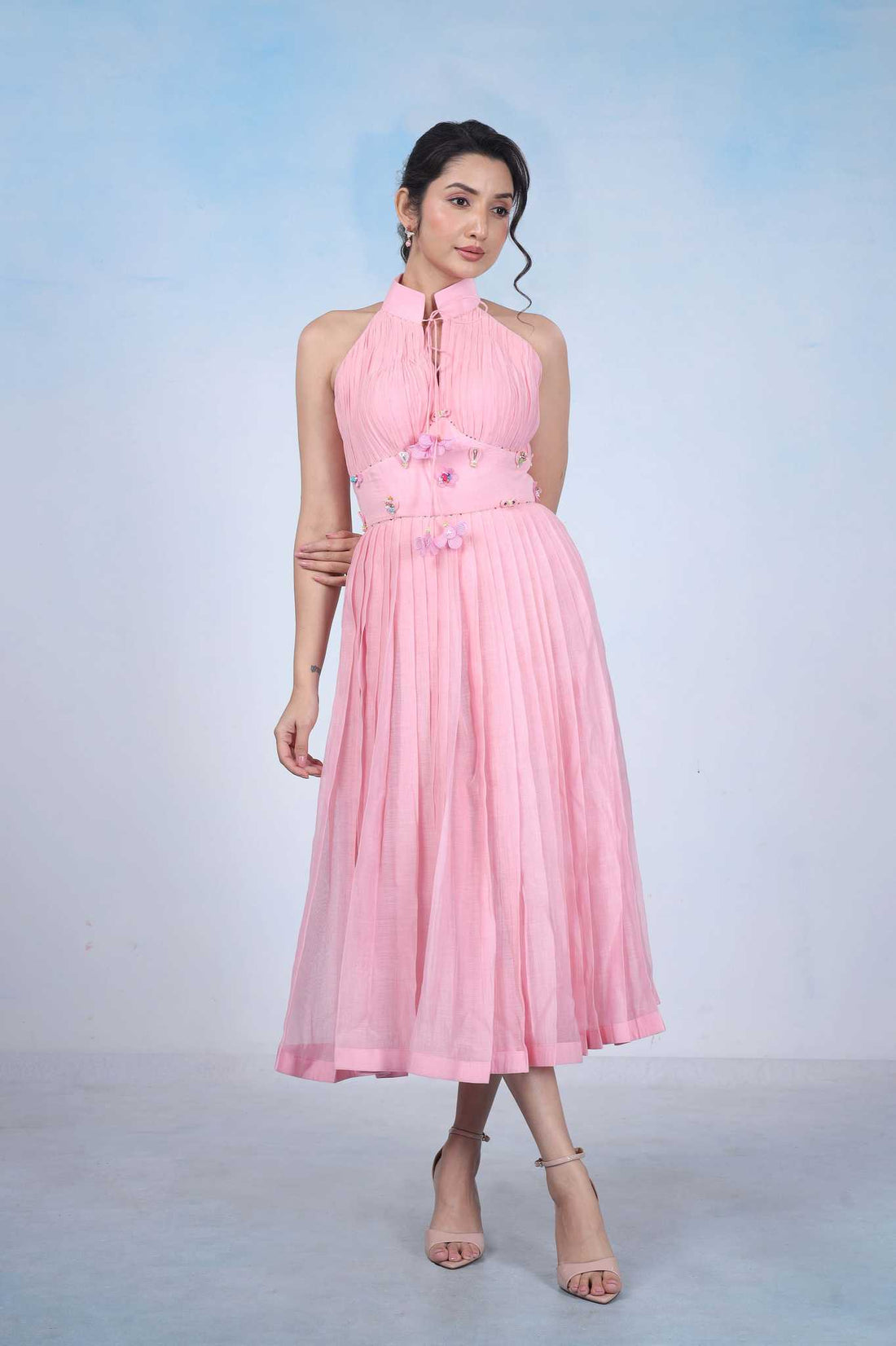 Blush Pink Pleated Halter Midi Dress