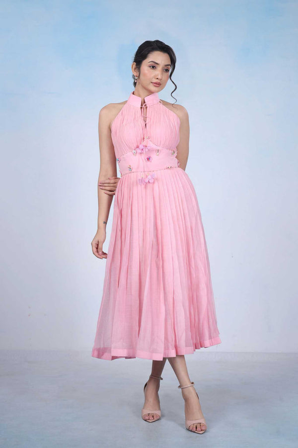 Blush Pink Pleated Halter Midi Dress