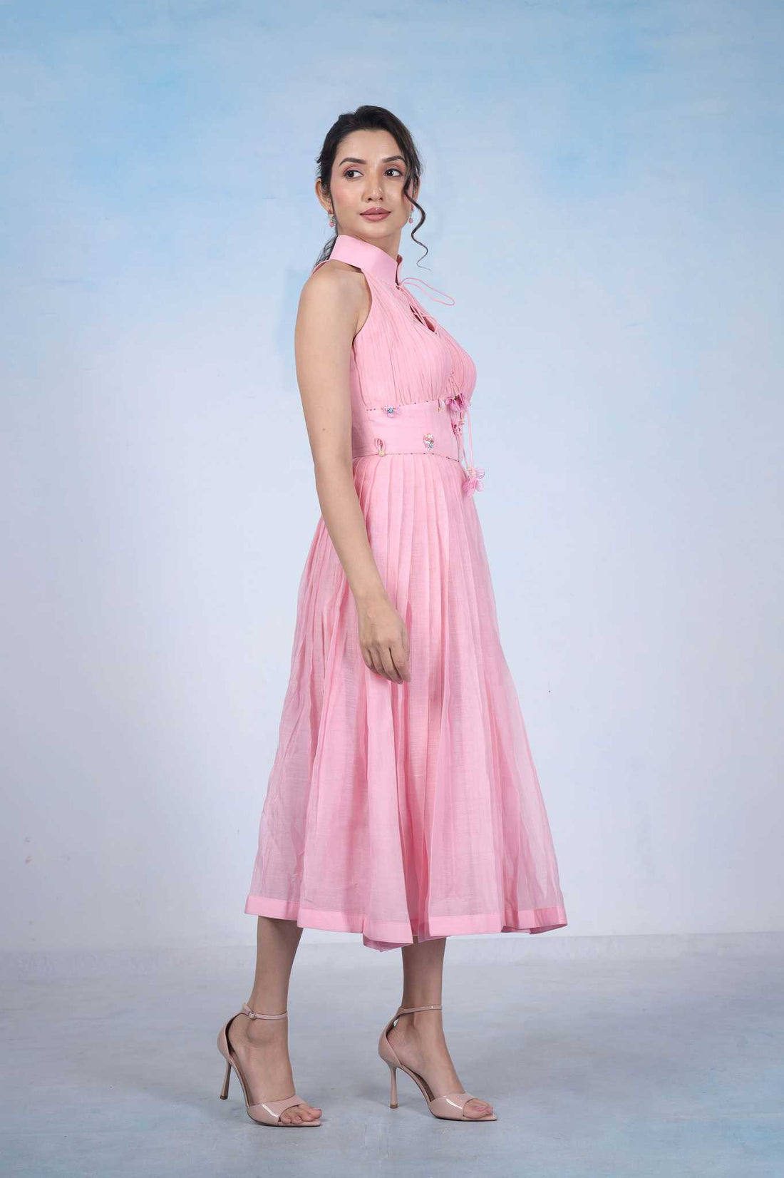 Blush Pink Pleated Halter Midi Dress