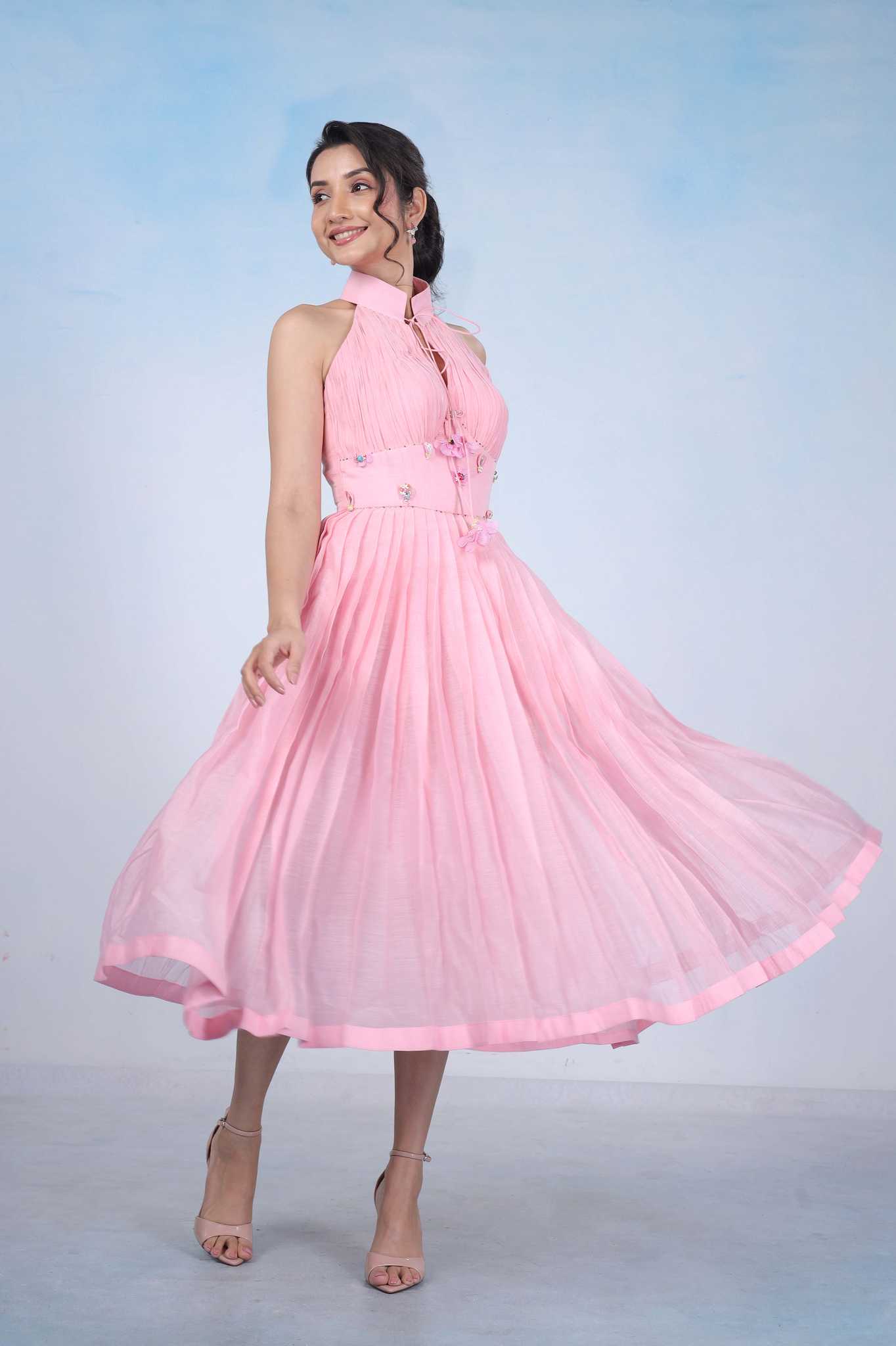 Blush Pink Pleated Halter Midi Dress