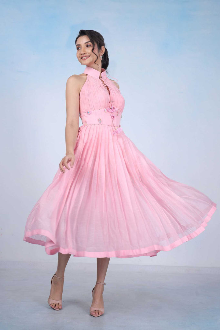 Blush Pink Pleated Halter Midi Dress